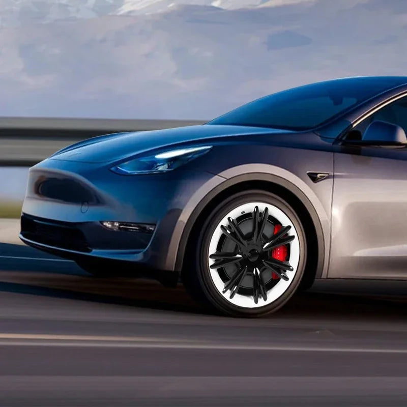 FITKMH Tesla Model Y 2021-2023 Wheel Hub Covers, 19 inch Hubcaps Replacement, ABS Tesla Accessories, White Rails Sports Style