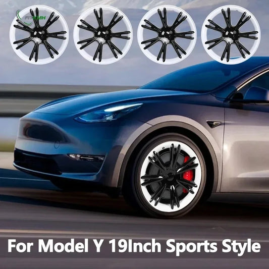 FITKMH Tesla Model Y 2021-2023 Wheel Hub Covers, 19 inch Hubcaps Replacement, ABS Tesla Accessories, White Rails Sports Style