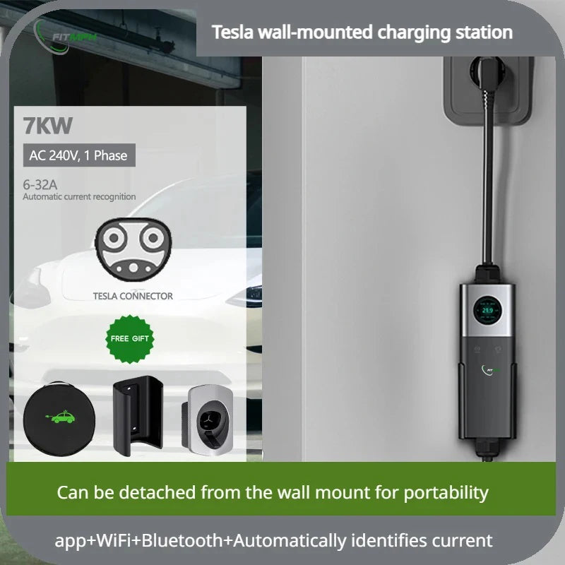 FITMPH Tesla EV Charger, Wall Mount & Portable 2-in-1,7KW, Compatible with All Tesla Models 3/Y/S/X