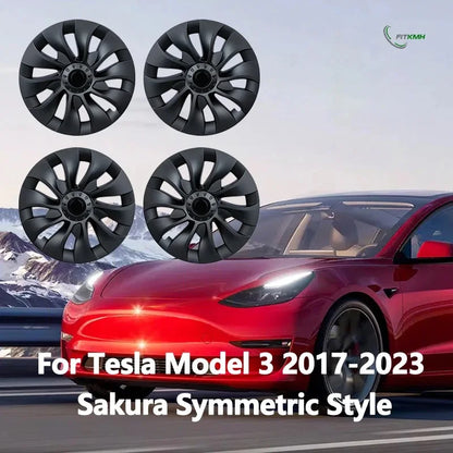 FITKMH Symmetric style Wheel Hub Cap For Tesla 2017-2023 Model 3, Replacement ABS Cover, 18Inch-Sakura Looking Style, 4PCS