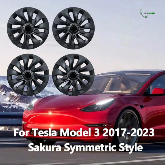 FITKMH Symmetric style Wheel Hub Cap For Tesla 2017-2023 Model 3, Replacement ABS Cover, 18Inch-Sakura Looking Style, 4PCS